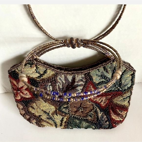 Jessica McClintock bag beaded tapestry evening bag with hoop handles - Picture 5 of 5